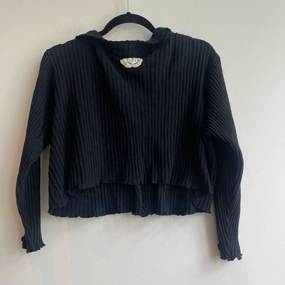 Vintage Y2K Ribbed Button Washed Black Crop Top w/ Knit Detail - Medium - Picture 2 of 5